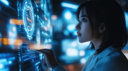 Woman Interacting with Futuristic Interface