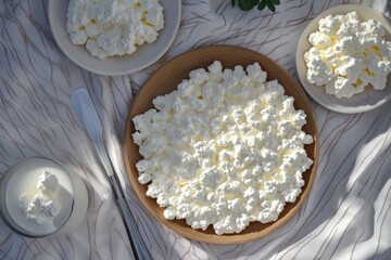 Set of fresh cottage cheese on table  top view