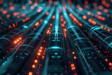 A colorful, abstract image of a computer network with red and blue lines, generative ai