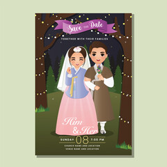 Poster -  Wedding invitation card the bride and groom cute couple in traditional hanbok dress character of South Korea