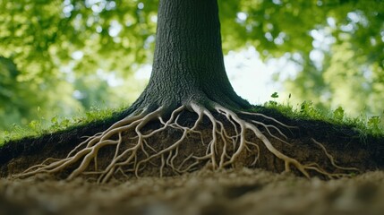 Wall Mural - A tree with roots growing out of the ground, AI