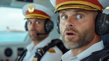 Canvas Print - Two men in uniform sitting on a plane with headphones, AI