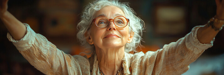 Senior woman with gray hair and glasses smiling and looking up