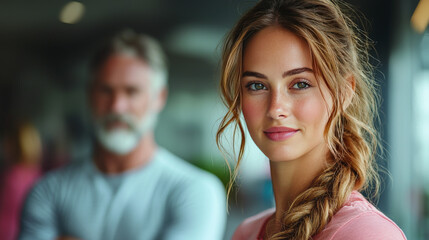 Wall Mural - Young woman with long blonde hair smiling.