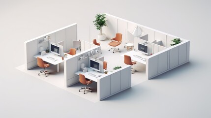 Wall Mural - Minimalist office workspace with cubicles, desks, chairs, and plants.