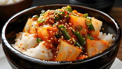 Wall Mural - Delicious Korean cuisine featuring Kimchi cabbage alongside a bowl of steaming rice