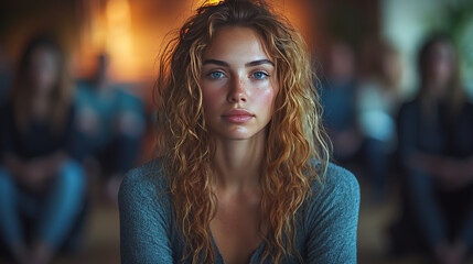 Wall Mural - Young woman with curly hair looking at the camera.