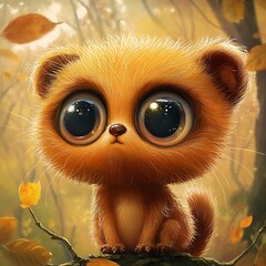 Wall Mural - Cute Cartoon Baby Animal with Big Eyes Sitting on a Branch