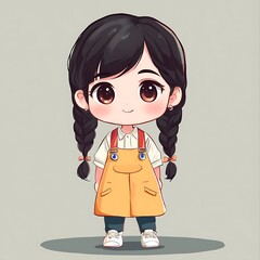 Wall Mural - Cute chibi girl with big eyes, pigtails, and yellow overalls