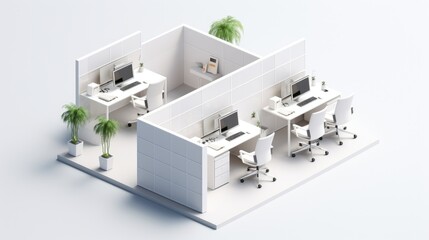 Wall Mural - Minimalist office interior with two cubicles, desks, chairs, computers and plants.