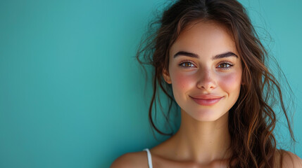 Wall Mural - Young woman smiles warmly against a teal background.