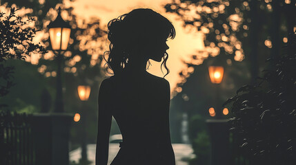 Poster - Silhouette of a woman standing in a park at sunset.