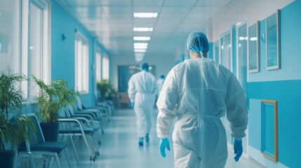 Healthcare workers in protective gear walking through hospital corridor, focusing on patient safety