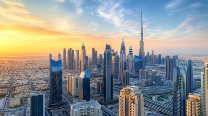 Stunning aerial panorama of a modern city skyline at sunset with skyscrapers and blue dusk sky