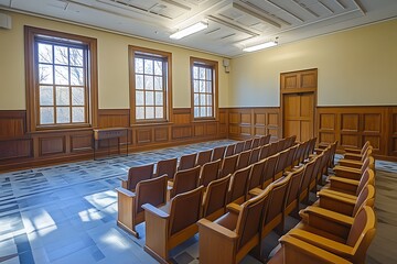 Poster - Empty auditorium with wooden chairs and windows. Traditional classroom setting for education, lectures, and presentations.