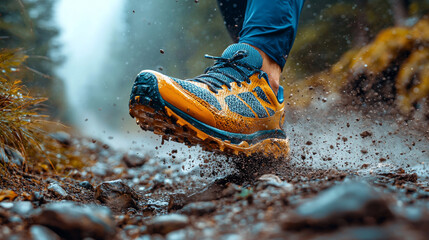 Closeup of a runner's foot landing on a muddy trail.