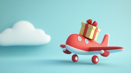 Wall Mural - A red toy airplane with a gift box on top flying against a blue sky with a white cloud in the background.