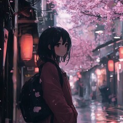 Sticker - Anime girl walking in a Japanese street with cherry blossoms