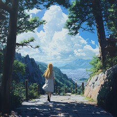 Canvas Print - Woman with long blond hair walking up a path in the forest with beautiful mountain scenery.