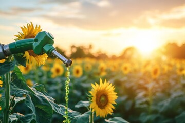 In the sunset, a green fuel nozzle dispenses fuel over a sunflower and corn field