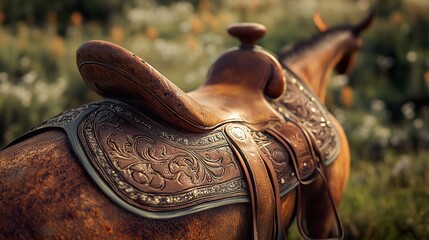 Sticker - Close Up of a Western Saddle on a Horse in a Field