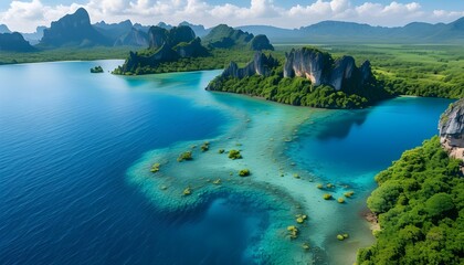 Wall Mural - Aerial view of a tropical paradise with limestone cliffs framing a vibrant blue lagoon and colorful coral reef