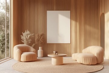 Wall Mural - 3D rendering of a modern minimalist living room with wooden accents, featuring a sleek sofa, wooden coffee table, floor lamp, armchair, and large windows.