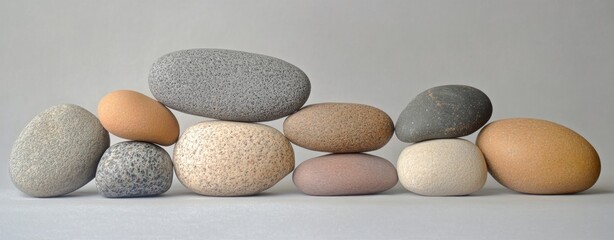 Wall Mural - Pebbles and stones sit side-by-side on a table,