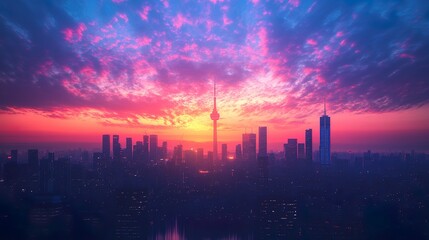 Vibrant sunset skyline with silhouetted city towers against colorful sky wallpaper