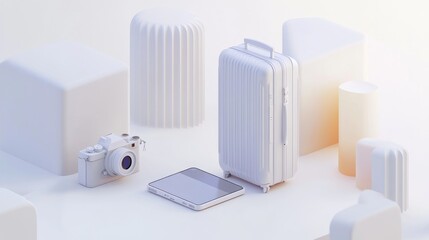 A white suitcase, camera, and phone on a white background with abstract shapes.