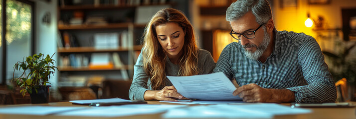 Canvas Print - Couple reviewing paperwork at a table.