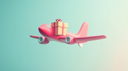 Wall Mural - A red toy airplane carrying a gift box in the sky.