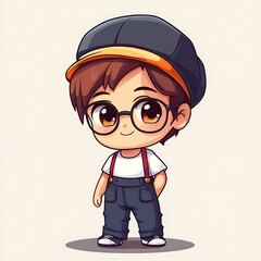 Wall Mural - Cute Cartoon Boy Character with Glasses and Hat, Avatar, Illustration