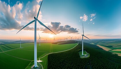 Expansive panorama of wind farm featuring towering turbines generating clean energy, highlighting the concept of sustainability and innovation in renewable power