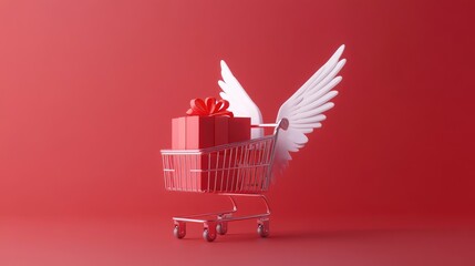 Poster - A red shopping cart with white wings carrying a stack of gift boxes against a red background.