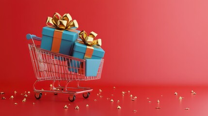 Poster - Two blue gift boxes with golden ribbons in a shopping cart on red background.