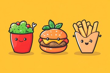 Poster - Cute Cartoon Fast Food Characters,  Salad, Burger, and French Fries