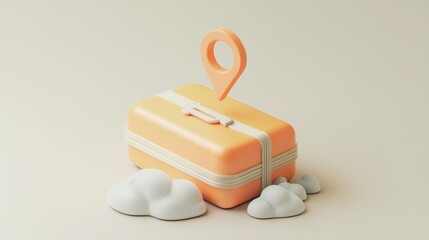 A 3D illustration of an orange suitcase with a location pin on top, sitting on clouds.