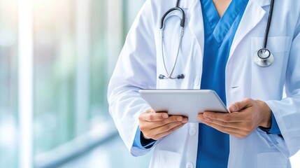 Wall Mural - A doctor holding a tablet computer in his hands, AI