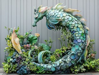 Sea Horse Sculpture in a Lush Garden Setting