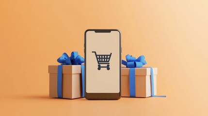 Poster - A smartphone with a shopping cart icon on the screen stands between two gift boxes with blue ribbons on an orange background.