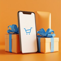 Poster - Smartphone with shopping cart icon on screen, surrounded by gift boxes with blue ribbon bows, on a bright orange background.