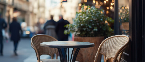 Empty table and wicker chairs at an outdoor cafe on a bustling city street, creating a cozy setting for casual dining or coffee in a vibrant urban environment