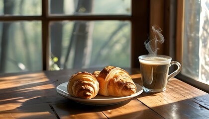 Wall Mural - Charming breakfast tableau featuring croissants and coffee, illuminated by gentle morning sunlight streaming through a window