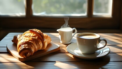 Wall Mural - Charming breakfast tableau featuring croissants and coffee, illuminated by gentle morning sunlight streaming through a window