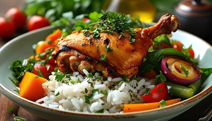 Wall Mural - Roasted chicken drumsticks served on a bed of flavorful rice with mixed vegetables, garnished with fresh herbs for an exquisite presentation