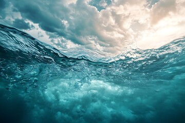 Wall Mural - Underwater View of Blue Ocean with White Clouds in the Sky