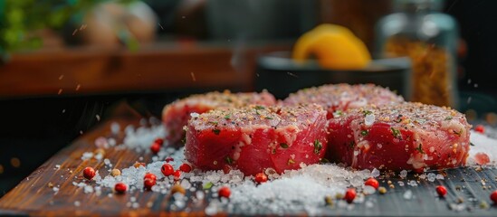 Canvas Print - Raw Pork Cutlet With Pepper And Salt Ready For Cooking