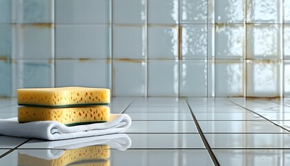 Wall Mural - Refreshing bathroom scene featuring wet sponges on a white towel against a tiled background, emphasizing cleanliness and practical elegance