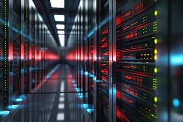 Poster - Data center server room interior featuring rows of rack-mounted servers, workstations, and equipment. Cyber security systems, network infrastructure, and communication technology are in place.